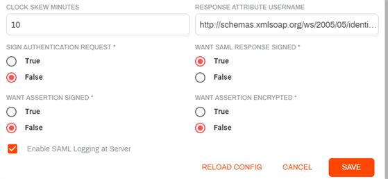 Final seven settings with sample text and required settings set on the SAML Connect modal