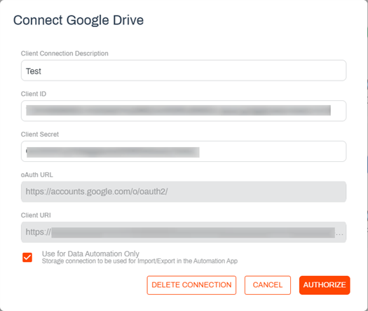 Google Drive connection details modal