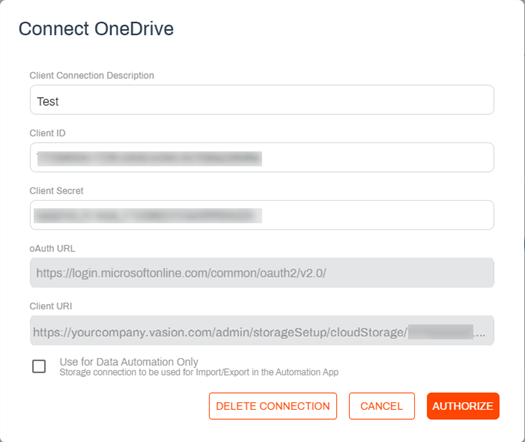 Google Drive connection details modal