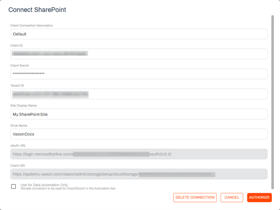 SharePoint connection details modal