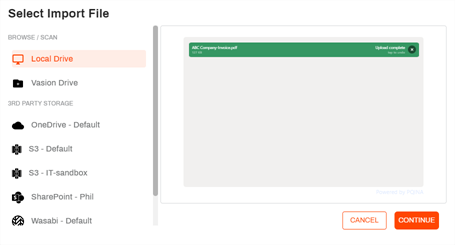 Select Import File modal with file selected
