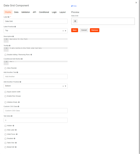 Data Grid component configuration