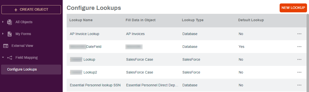 Configure Lookups page
