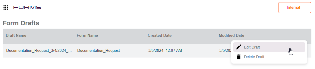 Form draft action options