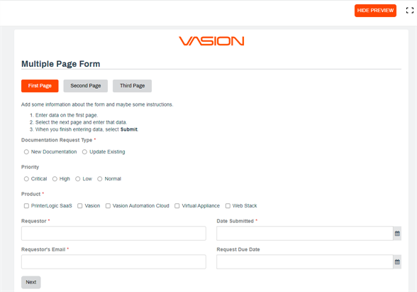 Multiple page form preview