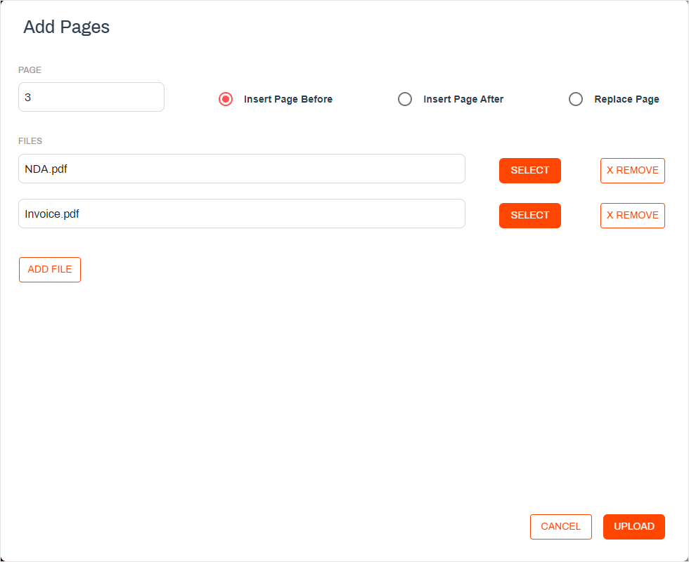 Add Pages modal showing multiple files