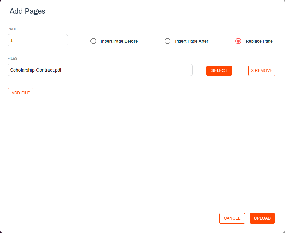 Add pages replace page option