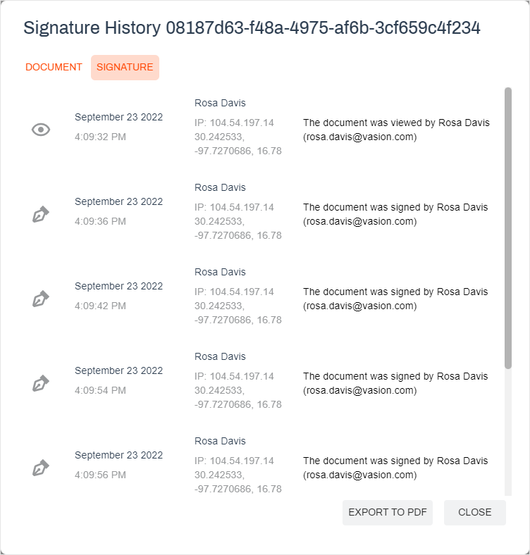 Signature document history audit