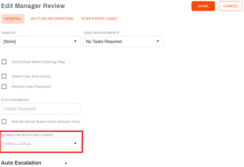 Workflow initiation lookup option