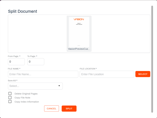 Split Document modal
