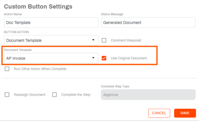 Custom Button Setup modal with new Use Original Document option