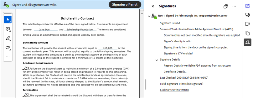 PDF reader signature certificate