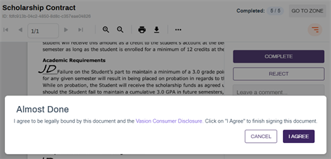 Signatoy agreement to be legally bound and the Vasion Consumer Disclosure terms