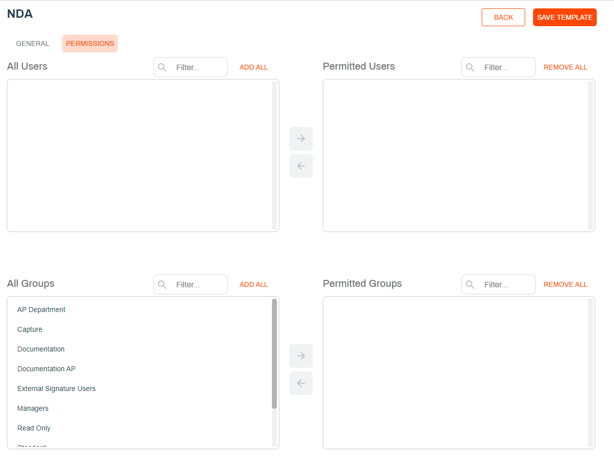 Template permissions page