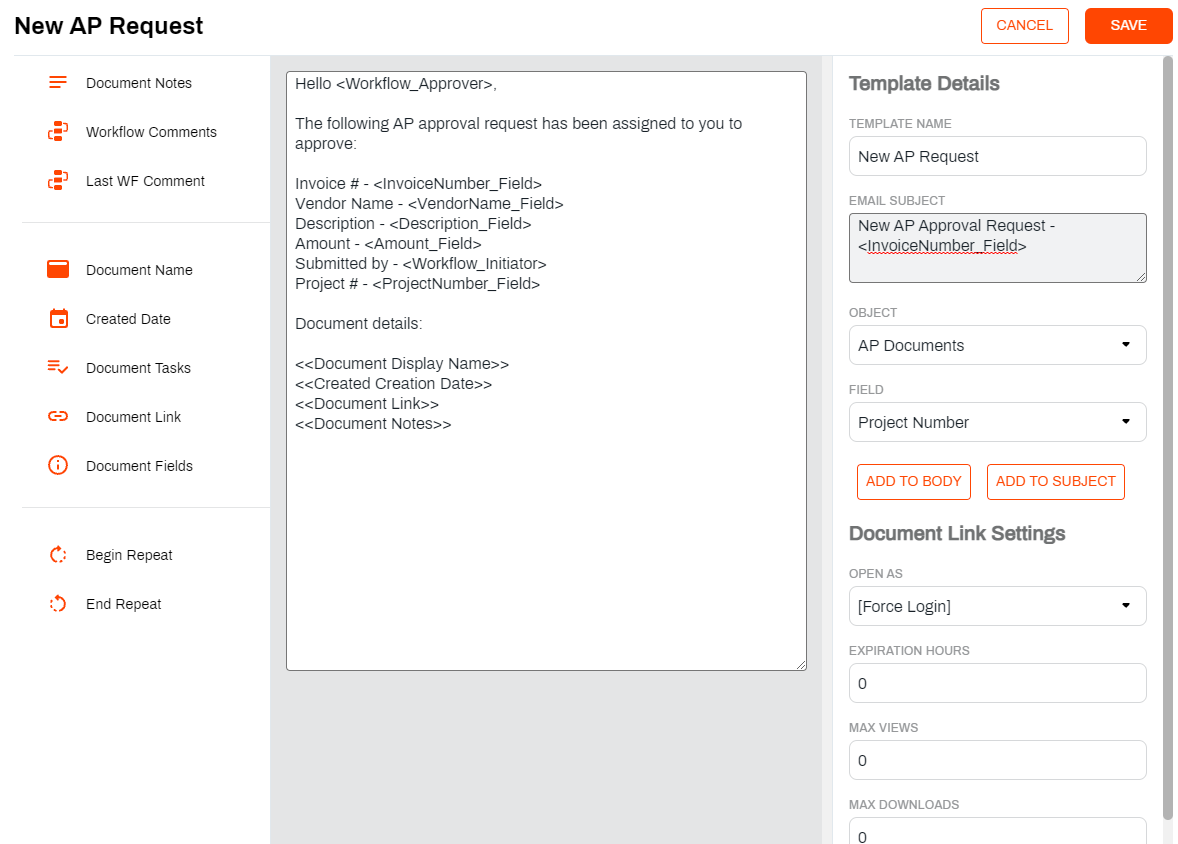 Document template configuration options