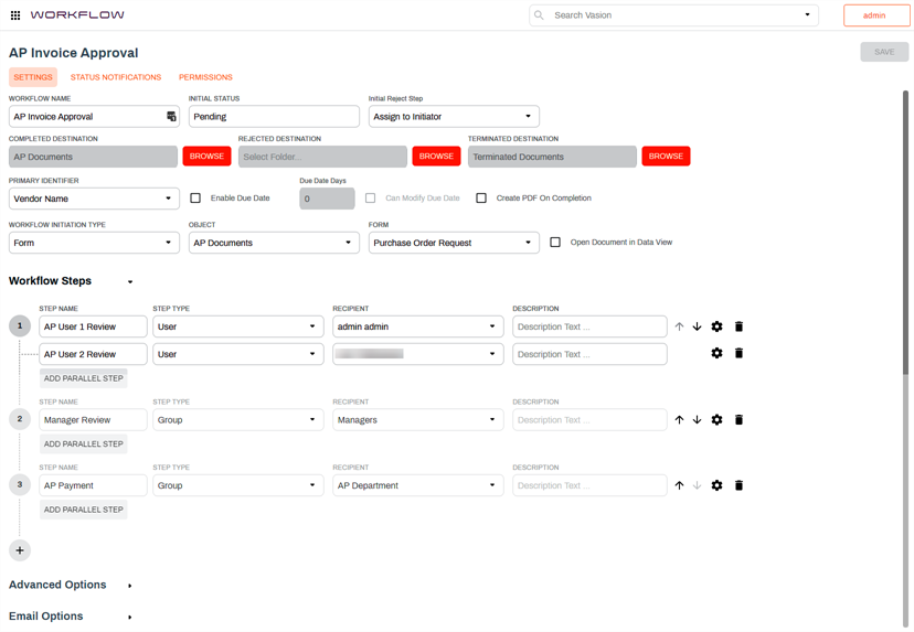Workflow configuration page