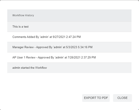 Workflow history pop-up