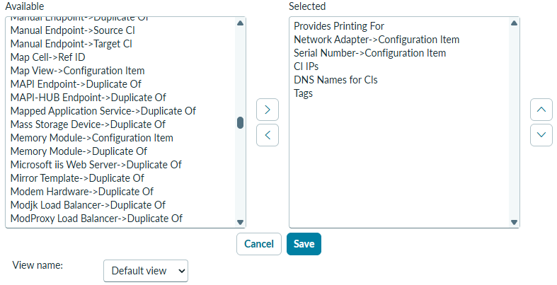 Related Lists dialog box, showing tags selected for printer.
