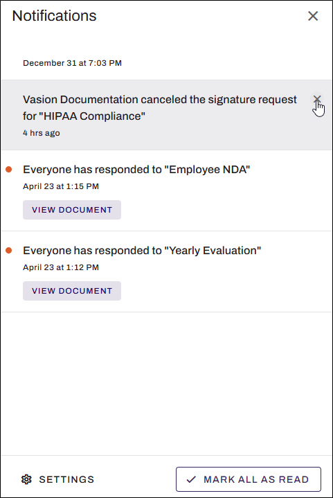 Vasion Automate showing Close button on notification. Vasion Automate showing Close button on notification.