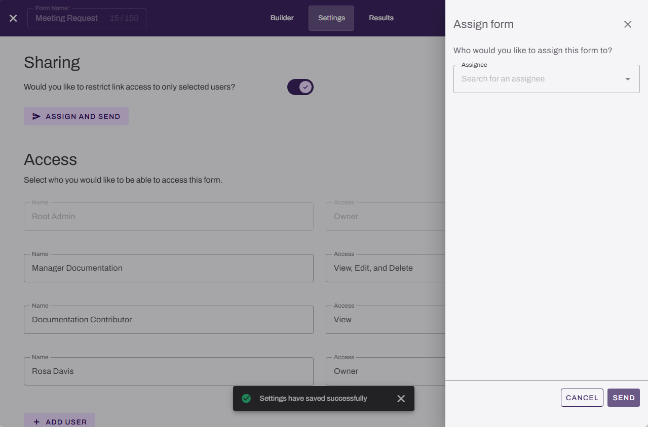 Vasion Automate showing Settings tab, Sharing section, and "Assign form" panel. Vasion Automate showing Settings tab, Sharing section, and "Assign form" panel.