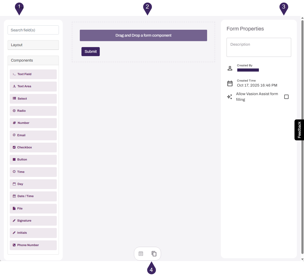 Vasion Automate showing Form Builder tab with numbered callouts. Vasion Automate showing Form Builder tab with numbered callouts.