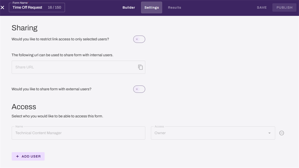 Vasion Automate showing Settings tab and Sharing and Access sections. Vasion Automate showing Settings tab and Sharing and Access sections.