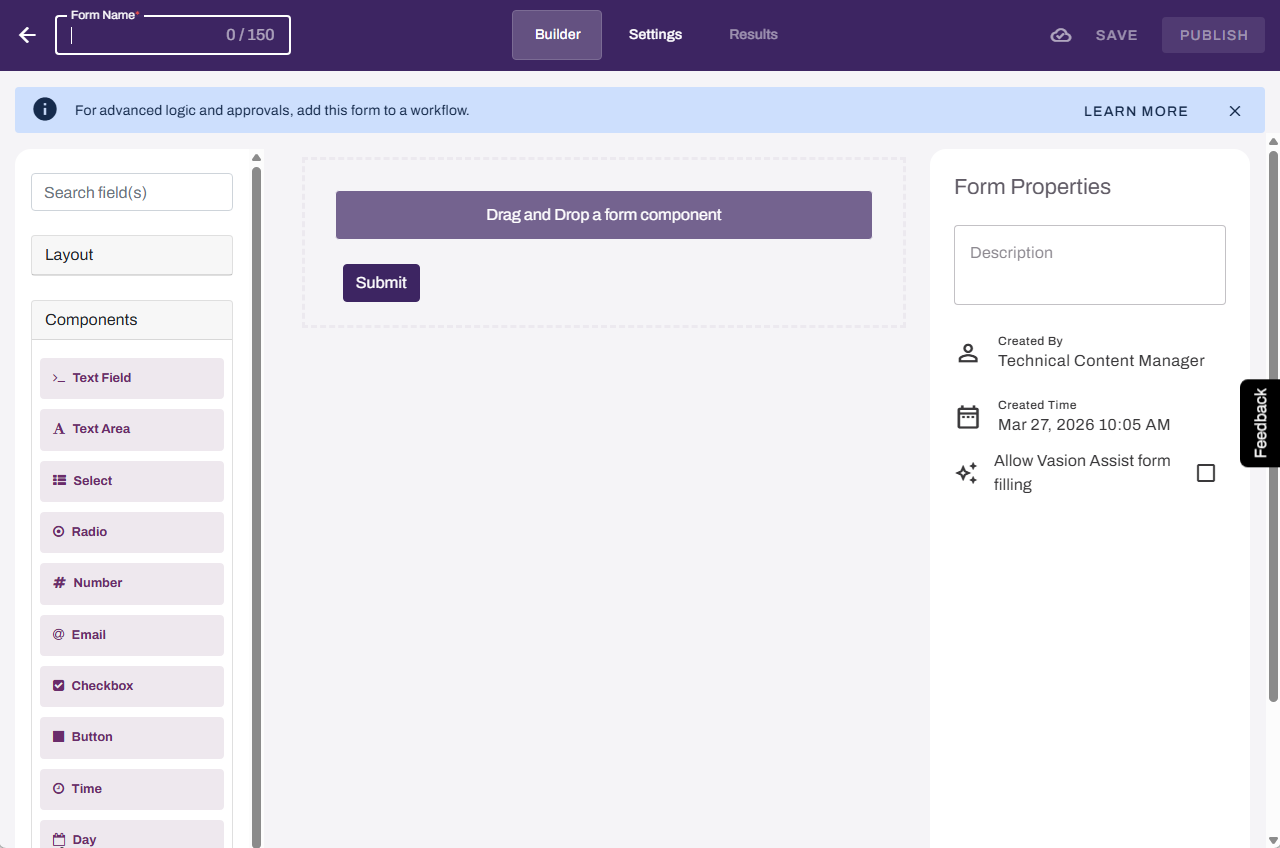 Form builder showing a new web form. Form builder showing a new web form.