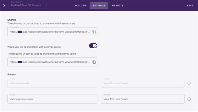 Vasion Automate showing Settings tab. Vasion Automate showing Settings tab.