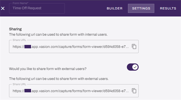 Vasion Automate showing Settings tab and Sharing section. Vasion Automate showing Settings tab and Sharing section.