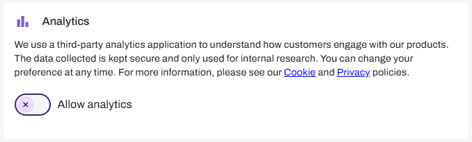 Analytics Opt-in Analytic data tracking disclosure and opt-in option.