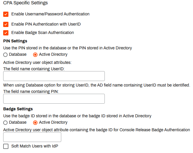 Admin Console, CPA Specific Settings section, showing PIN Settings and Badge Settings enabled. Admin Console, CPA Specific Settings section, showing PIN Settings and Badge Settings enabled.