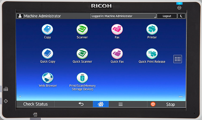 Ricoh printer control panel with showing the grouping of dots to the right where settings are found.