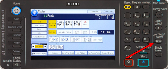 Ricoh control panel and surrounding buttons with an arrow pointing to the User Tools/Counter button on the right.