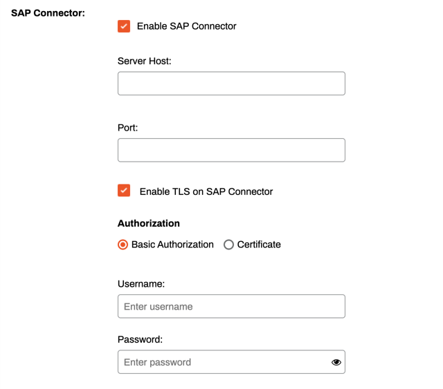 SAP Connector section showing the different configuration fields.