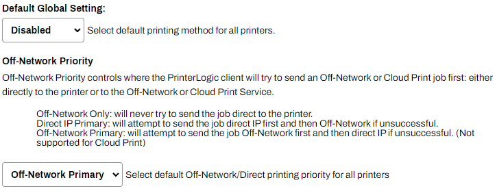 Admin Console showing General settings, Default Global Setting, and Off-Network Priority section. Admin Console showing General settings, Default Global Setting, and Off-Network Priority section.