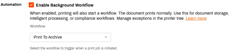 Enable Background Workflow setting in the Admin Console, showing the workflow selector dropdown below the setting.