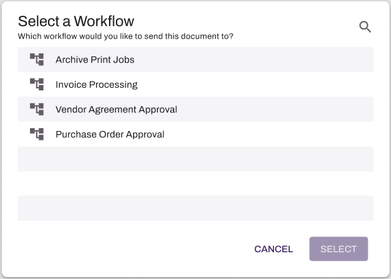 Select a Workflow screen, showing workflows to which document can be sent. Select a Workflow screen, showing workflows to which document can be sent.