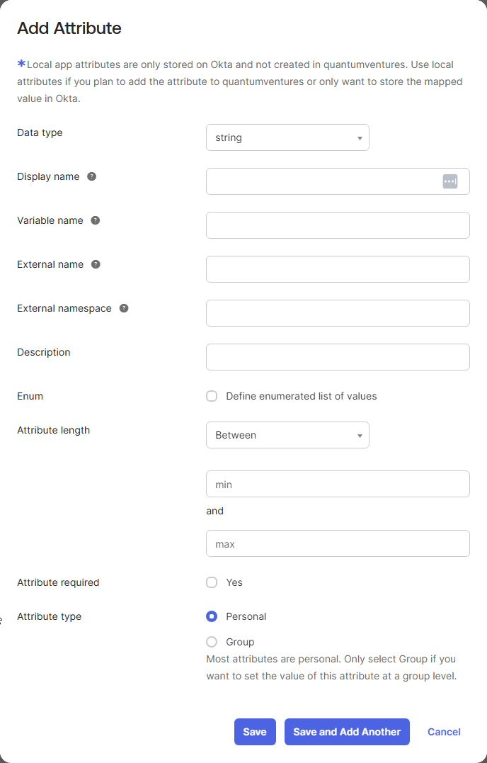 Okta Admin Console showing Add Attribute modal. Okta Admin Console showing Add Attribute modal.