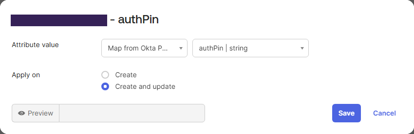 Okta Admin Console showing modal for mapping profile attribute. Okta Admin Console showing modal for mapping profile attribute.