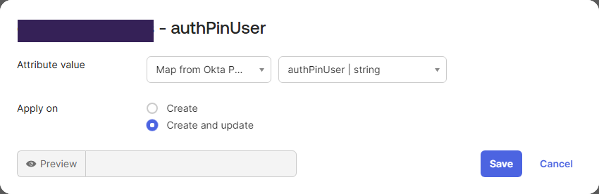 Okta Admin Console showing modal for mapping profile attribute. Okta Admin Console showing modal for mapping profile attribute.