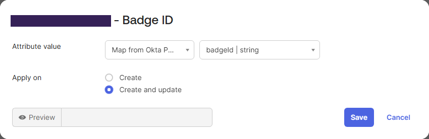 Okta Admin Console showing modal for mapping profile attribute. Okta Admin Console showing modal for mapping profile attribute.