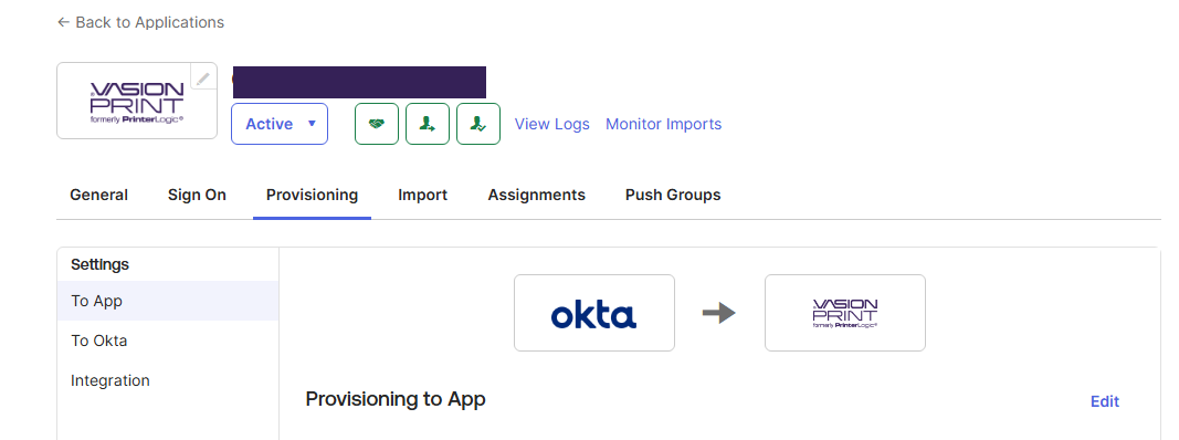 Okta Admin Console showing Vasion Print app and Provisioning tab. Okta Admin Console showing Vasion Print app and Provisioning tab.