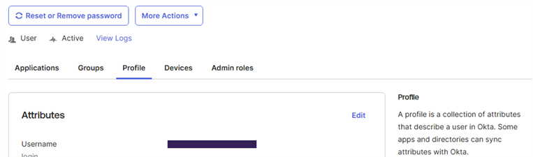 Okta Admin Console showing Profile tab and Edit option. Okta Admin Console showing Profile tab and Edit option.