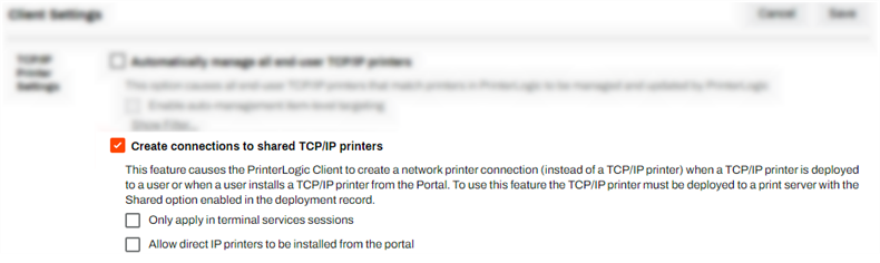 TCP/IP Printer Settings - Create connections to shared TCP/IP printers option