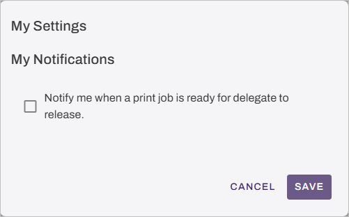 Delegate notification option. My Notifications modal showing delegate option.