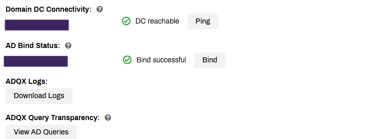 Section showing the ADQX buttons for downloading the logs and viewing the queries.