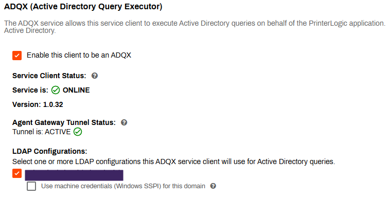 ADQX settings and the status notifications as seen on the ADQX Service Client tab.