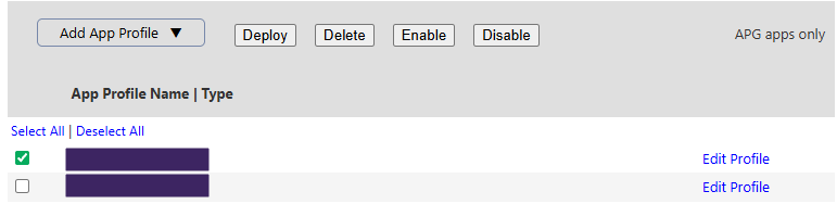 "APG apps only" screen, showing Deploy, Delete, Enable, and Disable buttons for selected app. "APG apps only" screen, showing Deploy, Delete, Enable, and Disable buttons for selected app.