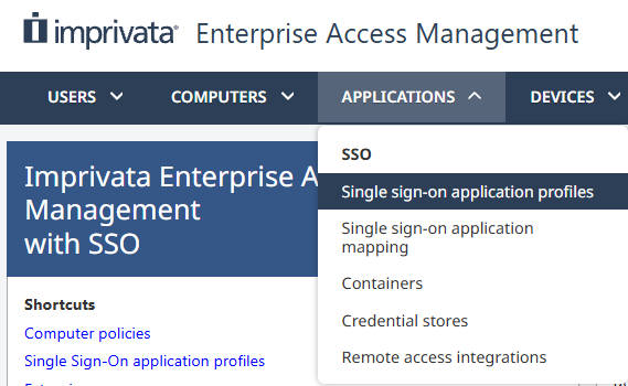 Imprivata UI, showing "Single sign-on application profiles" option selected on expanded Applications menu. Imprivata UI, showing "Single sign-on application profiles" option selected on expanded Applications menu.