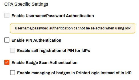CPA Specific Settings section, showing Enable Badge Scan Authentication option selected. CPA Specific Settings section, showing Enable Badge Scan Authentication option selected.